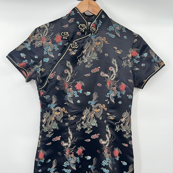 Yi Fang Dress Womens 36 Black Dragon Phoenix Chinese Traditional Short Sleeve - Picture 6 of 12